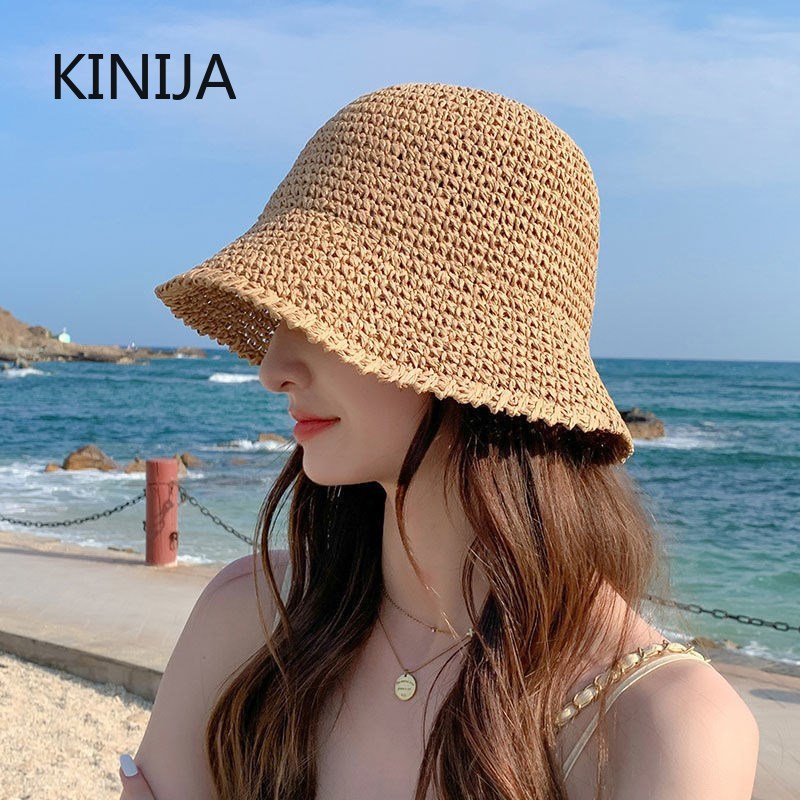 Handwoven Straw Sun Hat Women Wide Brim Summer Visor Bucket Hat