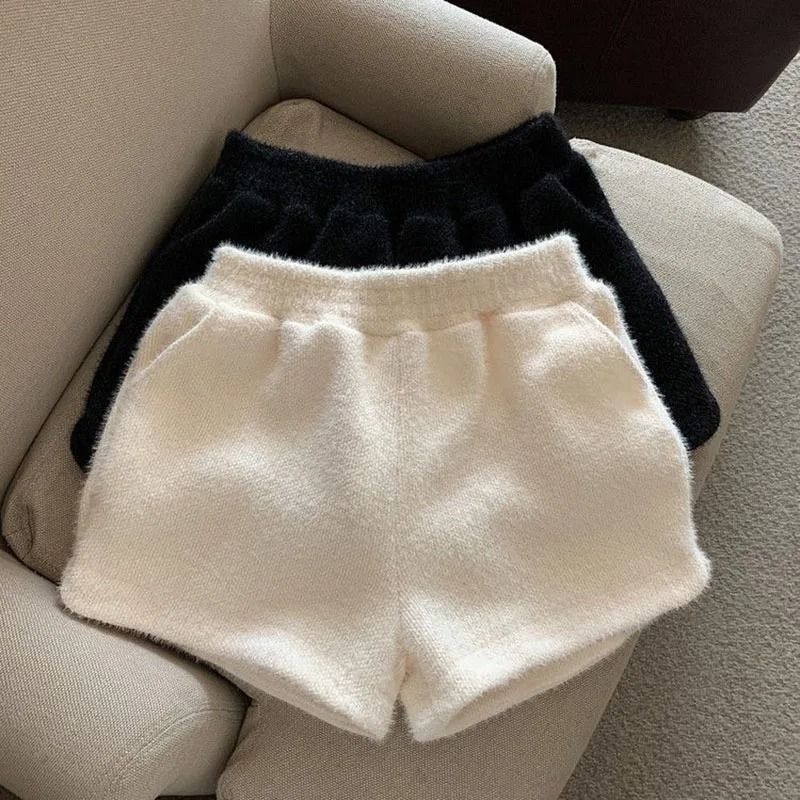 Womens Faux Mink Plush High Waist Winter Shorts Korean Style Loose Wide Leg Casual Shorts