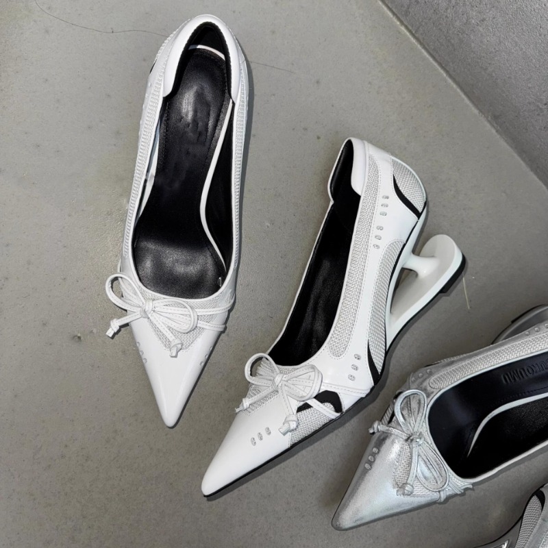 Womens Fashion Bow Spliced Heels, Special Heel Pointed Toe Non Slip Shallow Mouth Mary Jane Single Shoes