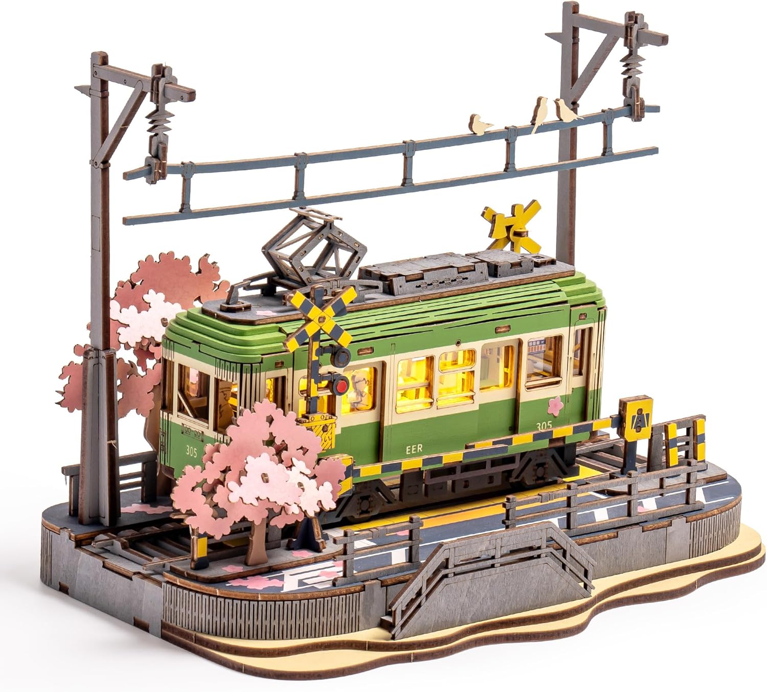 DIY 3D Puzzle Tram Sakura Journey Wooden Craft Kits with LED Light Model Building Toy for Kids Brain Teaser Gift