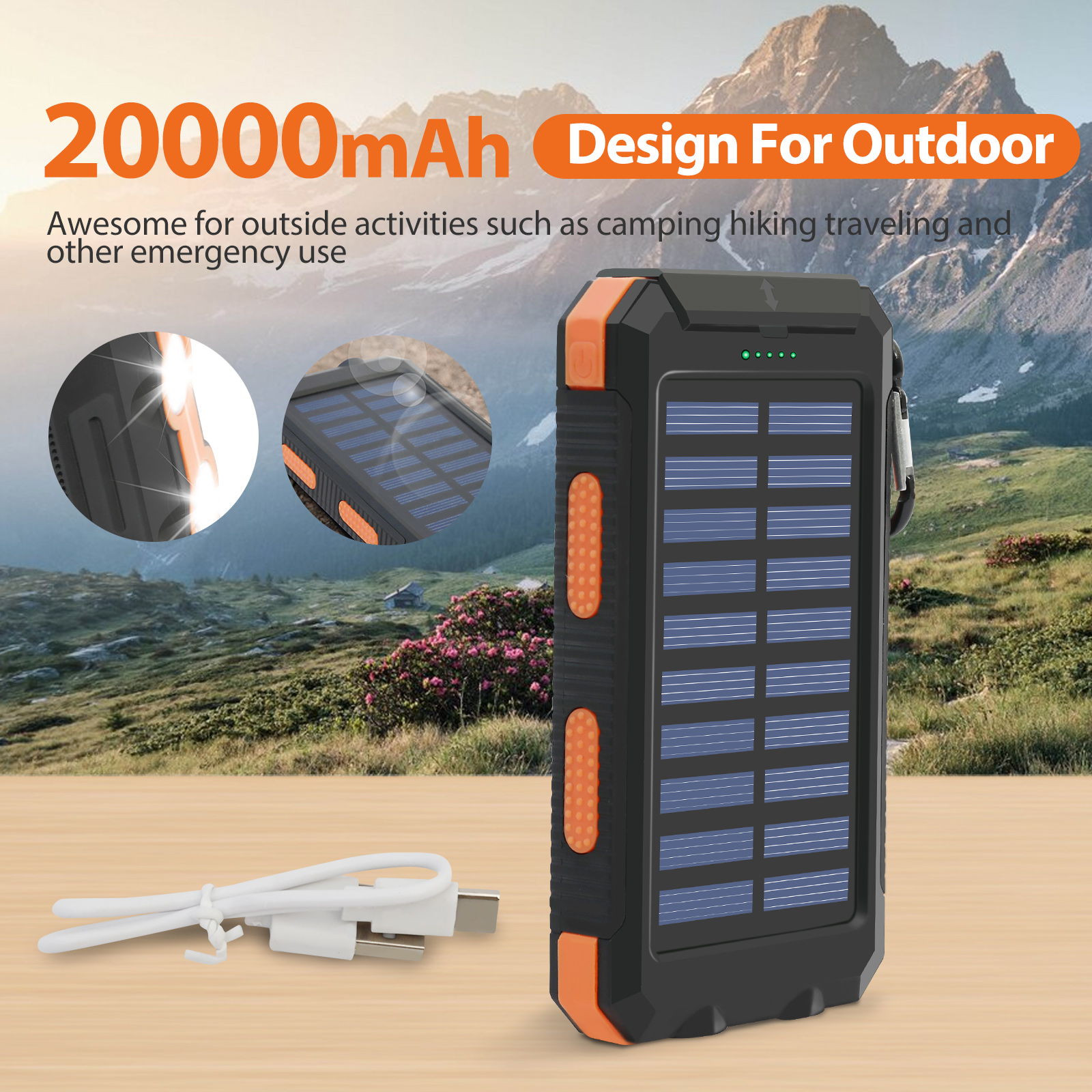 Portable Solar Charger Waterproof , Dual USB Power Bank with LED Flashlight for Cell Phone Outdoor