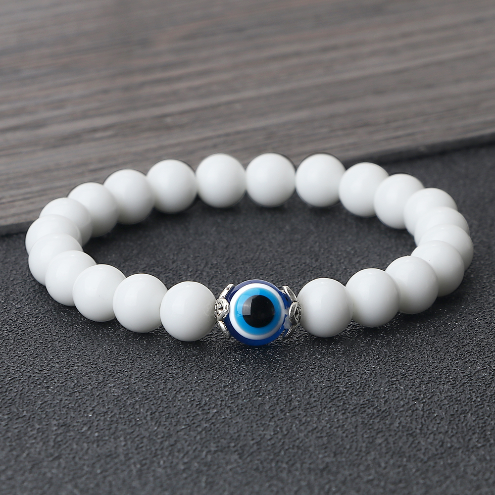 Tiger Eye Beaded Bracelet with Natural White Porcelain Flower Spacer Evil Eye Distance Couple Elastic Rope Chain Jewelry
