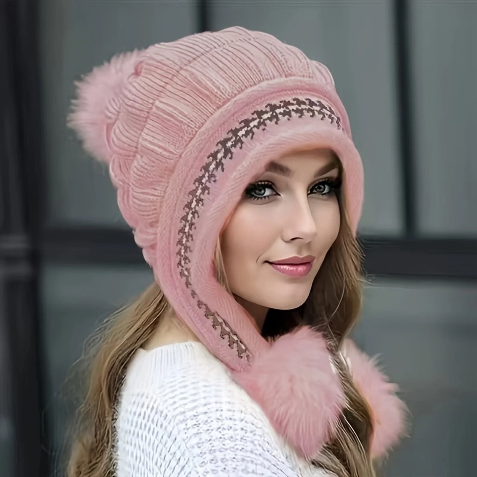 Women Winter Fleece Lined Fur Earflap Beanie Hat