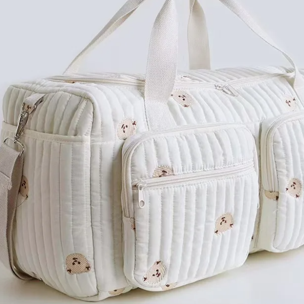 Baby Diaper Bag, Cute Bear Flower Embroidery Pattern, Beige Cotton Fabric Mommy Bag, Zipper Diaper Handbag, New Luggage