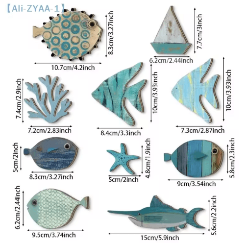 10PCS Wooden Fish Wall Decor Set – Nautical Coastal Art for Beach Bathroom & Home