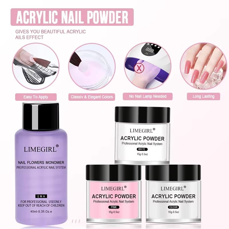 40ml Crystal Liquid & 45ml Acrylic Powder Nail Kit – Beginner Acrylic Nail Set (Pink, White, Transparent)