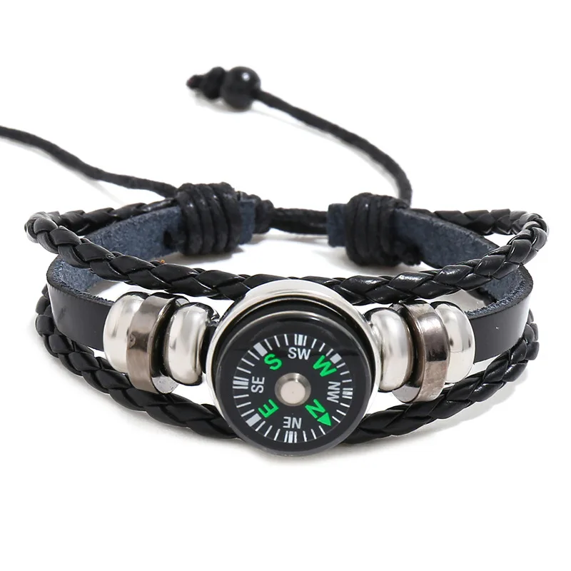 Beaded Cowhide Leather Bracelet with Compass  Perfect for Outdoor Adventures