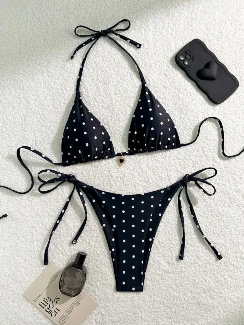 Black White Polka Dot 2-Piece Bikini Swimsuit for Women