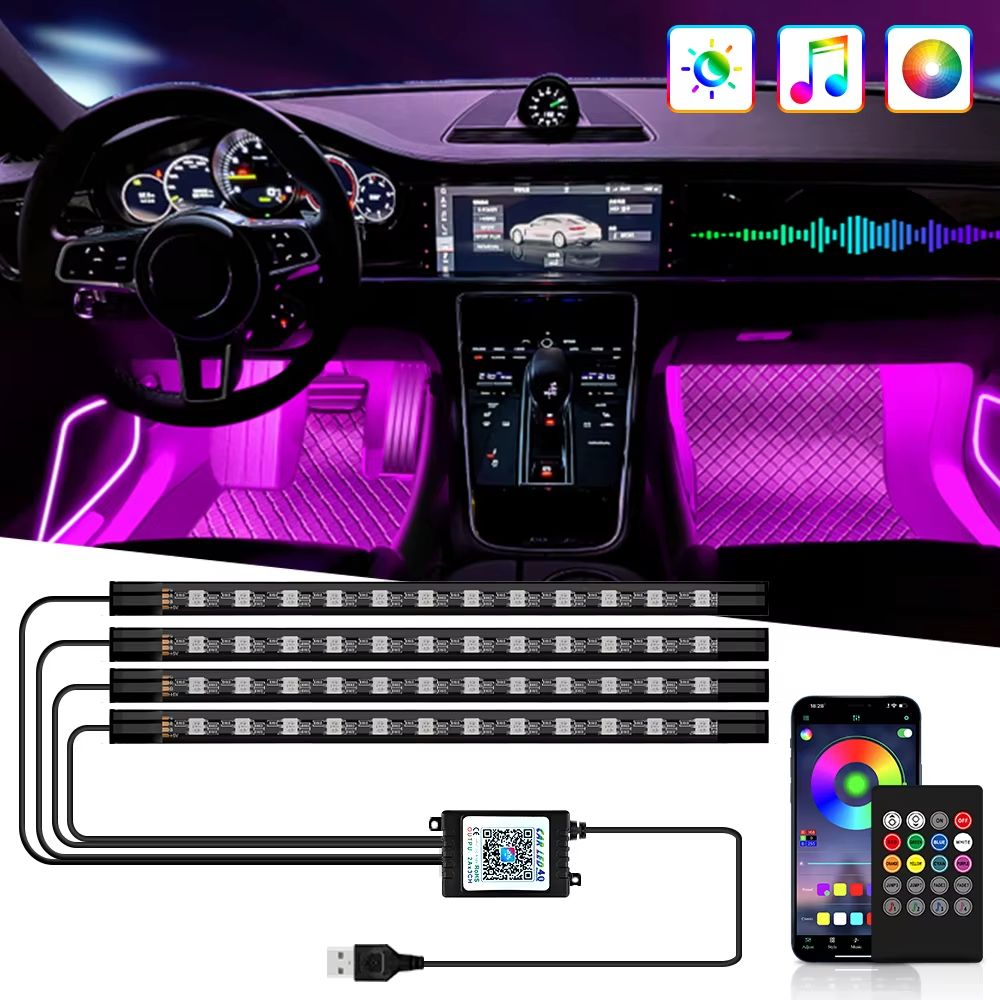LED Car Interior Ambient Lights – RGB Footwell Lamp Kit with Remote & APP Music Control