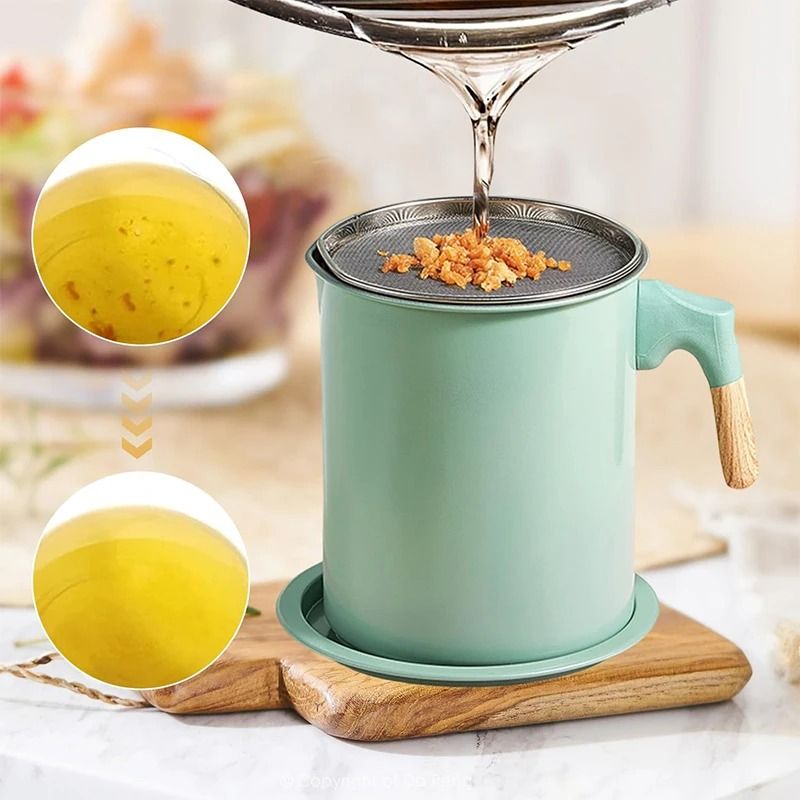 Stainless Steel 1.4L Bacon Grease Container & Fine-Mesh Oil Strainer