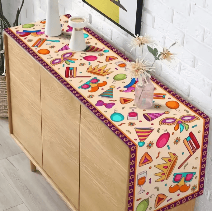 Happy Purim Festive Table Runner – Colorful Jewish Holiday Decor for Dining & Party Tables