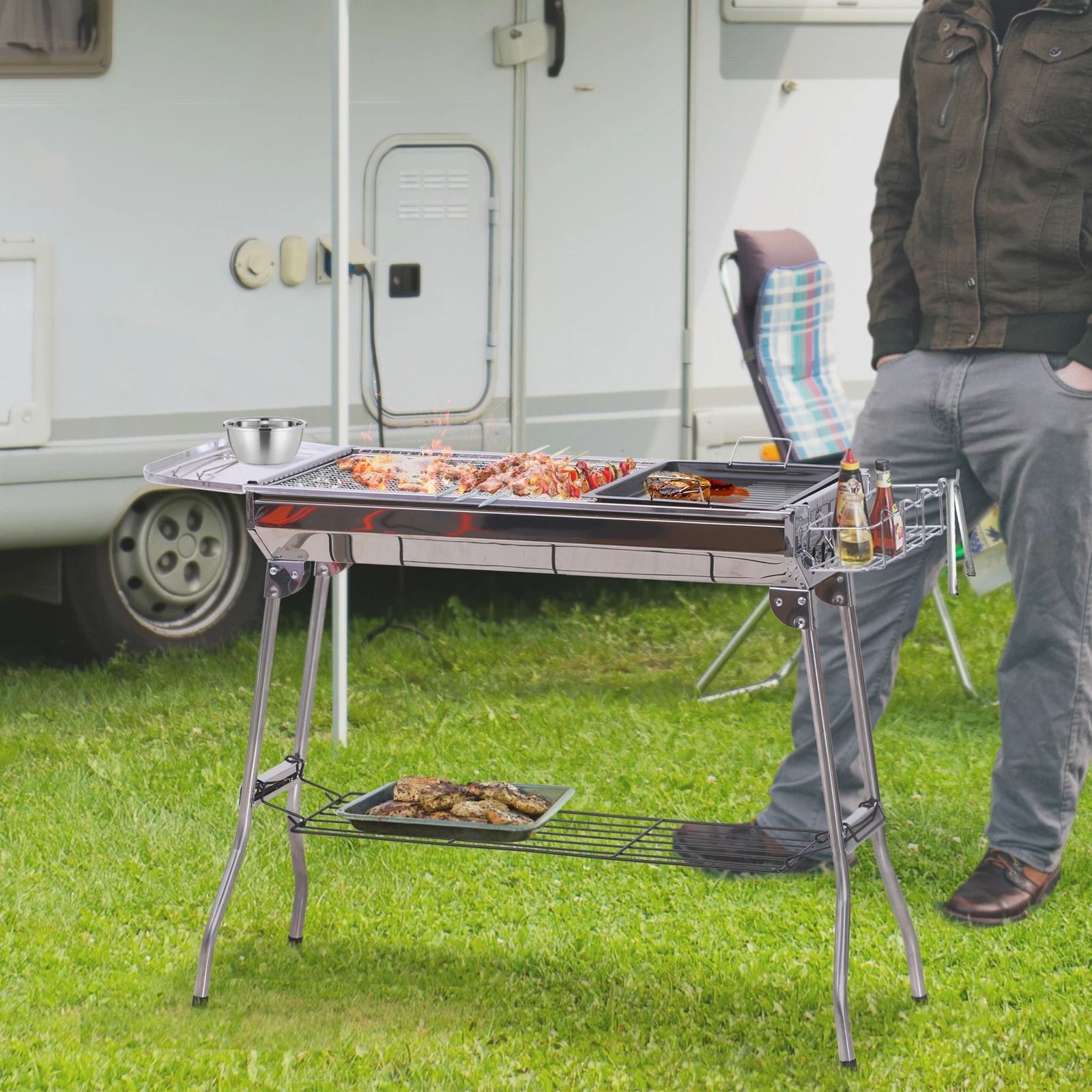 Outsunny Portable Folding Charcoal BBQ Grill, Stainless Steel Camp & Picnic Cooker with Carrying Case