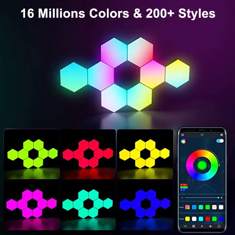 RGB Hexagon LED Wall Lights with Bluetooth App Control