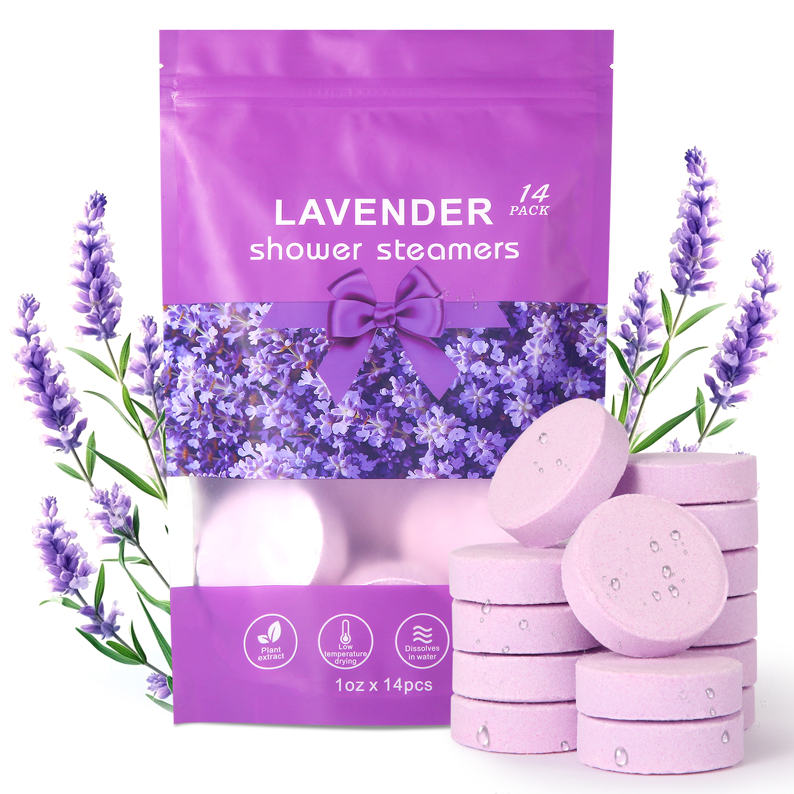 Natural Lavender Shower Bomb, Moisturizing Bath Salt Tablets for Stress Relief, Ideal for Men and Women