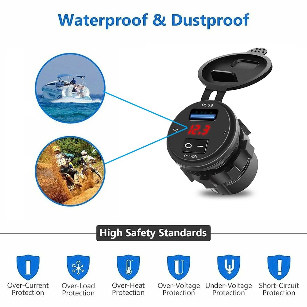 QC3.0 Dual USB Car Charger Socket with Voltmeter – Waterproof Fast Charging 12V 24V Power Outlet