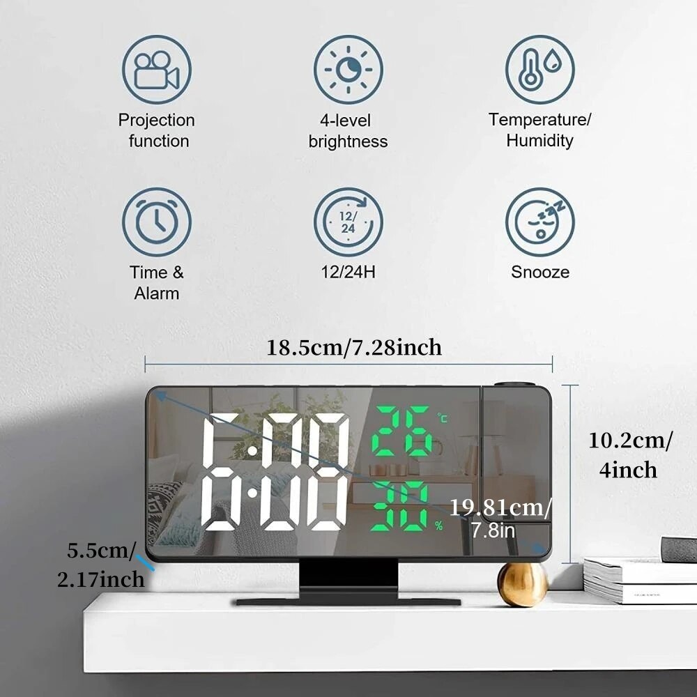 180 Arm Projection Digital Alarm Clock with Temperature, Humidity, Night Mode, Snooze, 12/24H - USB Projector LED Clock