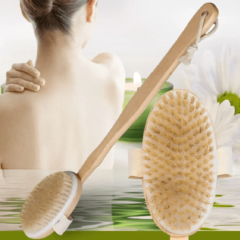 Natural Bristle Back Scrubber with Wooden Handle for Deep Exfoliation