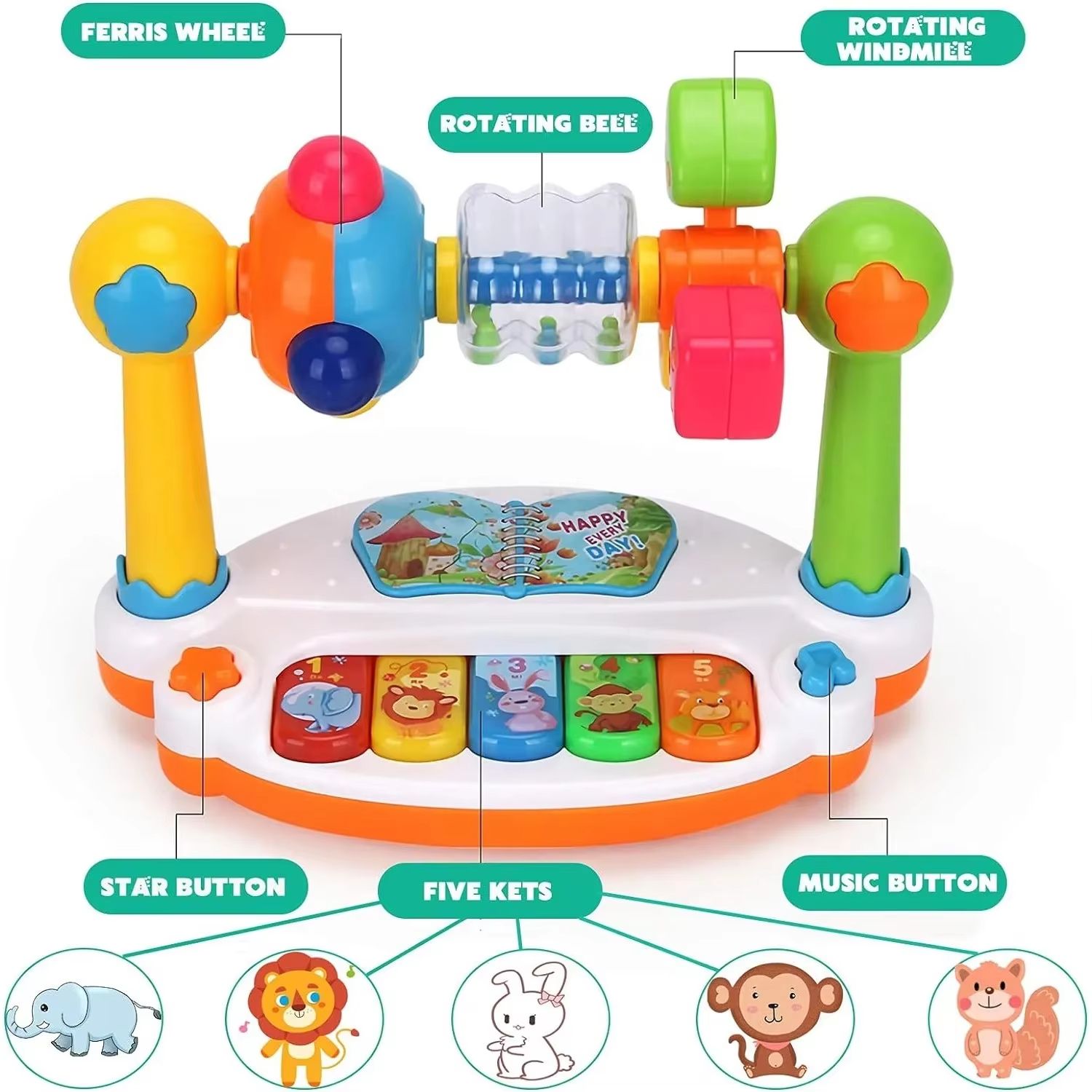 Rotating Baby Piano Musical Toy with Lights and Sound Early Learning Keyboard
