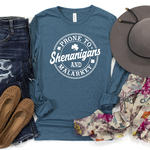 Prone to Shenanigans and Malarkey Sweatshirt | Funny St. Patricks Day Shamrock Irish Crewneck Pullover