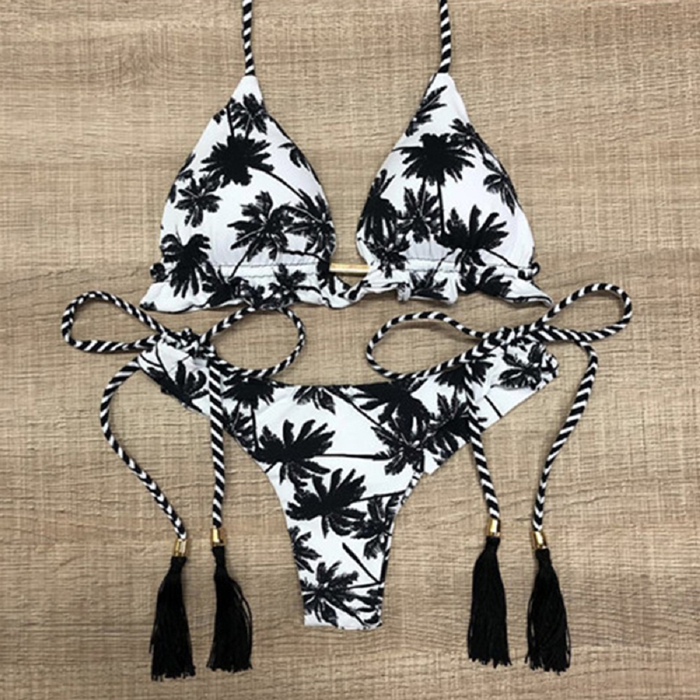 Sexy Black and White Coconut Tree Bikini Set, Women Triangle Halter Swimsuit, Brazilian Style Bathing Suit