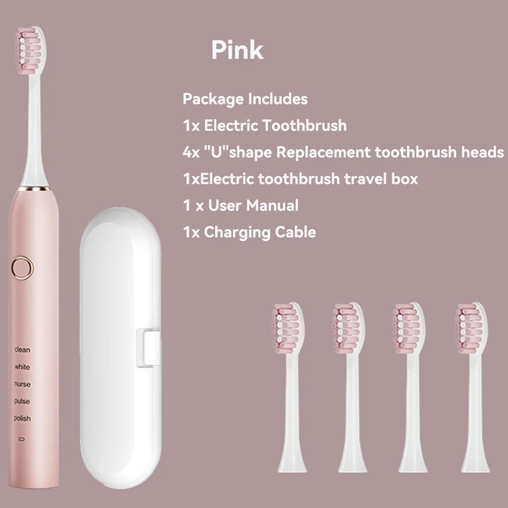 Rechargeable Sonic Electric Toothbrush with 4 Replacement Heads 5 Modes 3 Intensities and Smart 2 Minute Timer