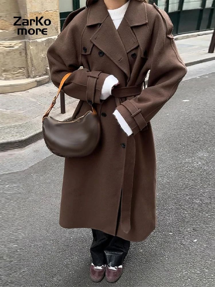Elegant Womens Grey Belted Wool Coat Double Breasted Long Winter Peacoat