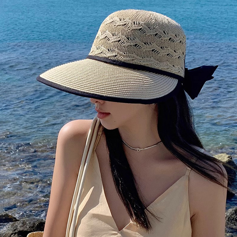Outdoor Sun Protection Women Hats Solid Color Ladies Panama Caps with Wide Brim and Bowknot