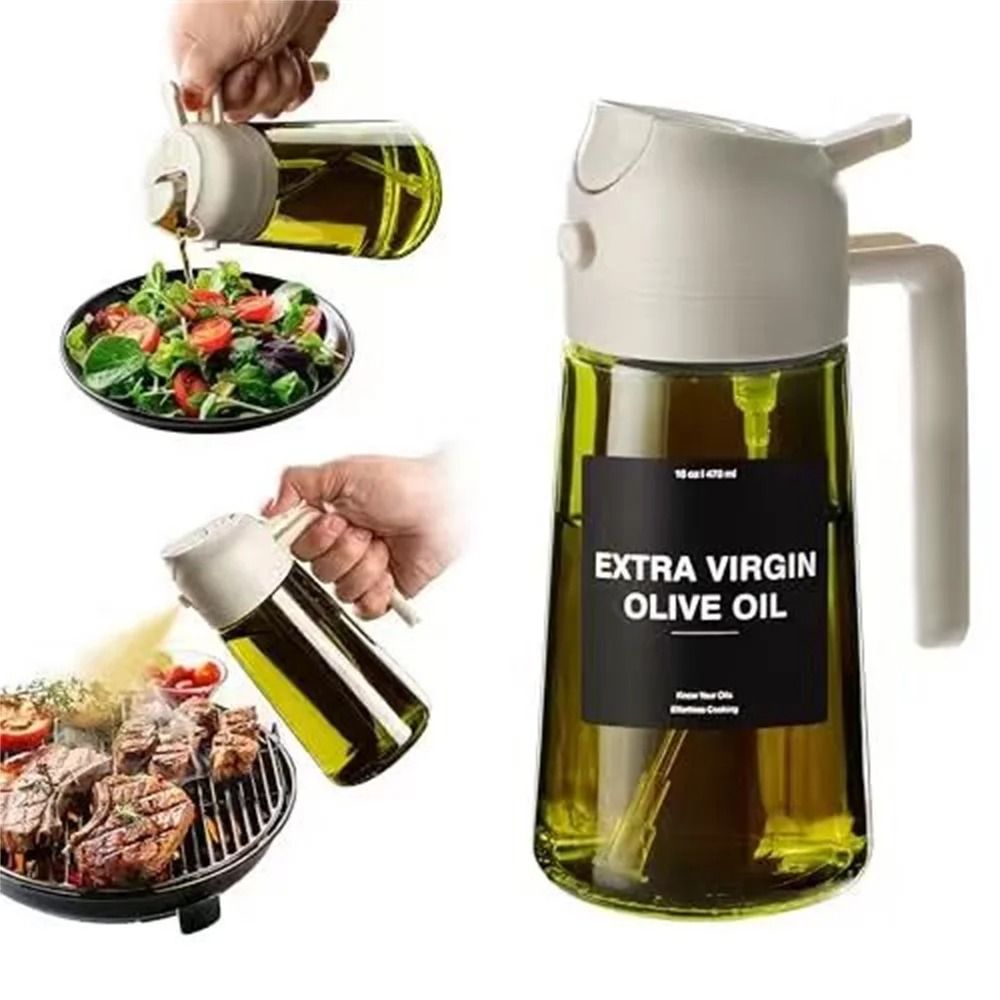 470ml Professional 2-in-1 Oil Sprayer & Dispenser – Thick Glass Olive Oil Bottle with Stickers