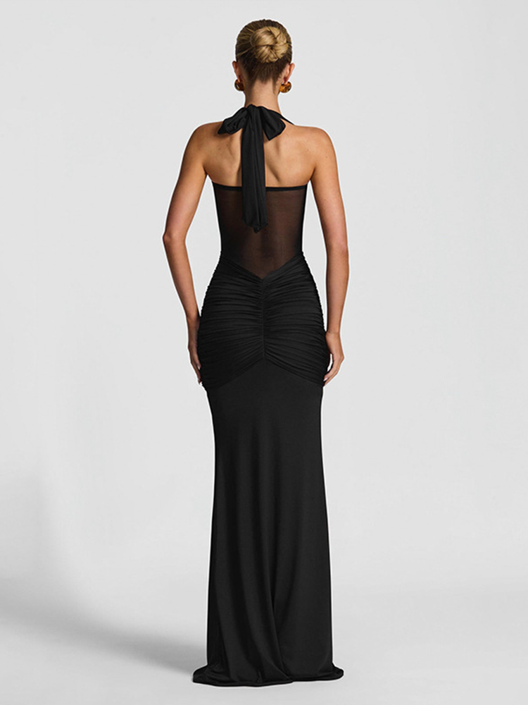 Sexy Patchwork Elegant Maxi Dress Women Trendy Halter Backless Bodycon with Sheer Ribbons for Evening Wear