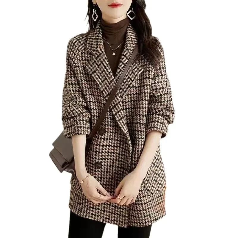 Thousand Birds Plaid Woolen System | Premium Raglan Sleeve Fleece-Lined Thickened Overcoat & Winter Yarn Infrastructure
