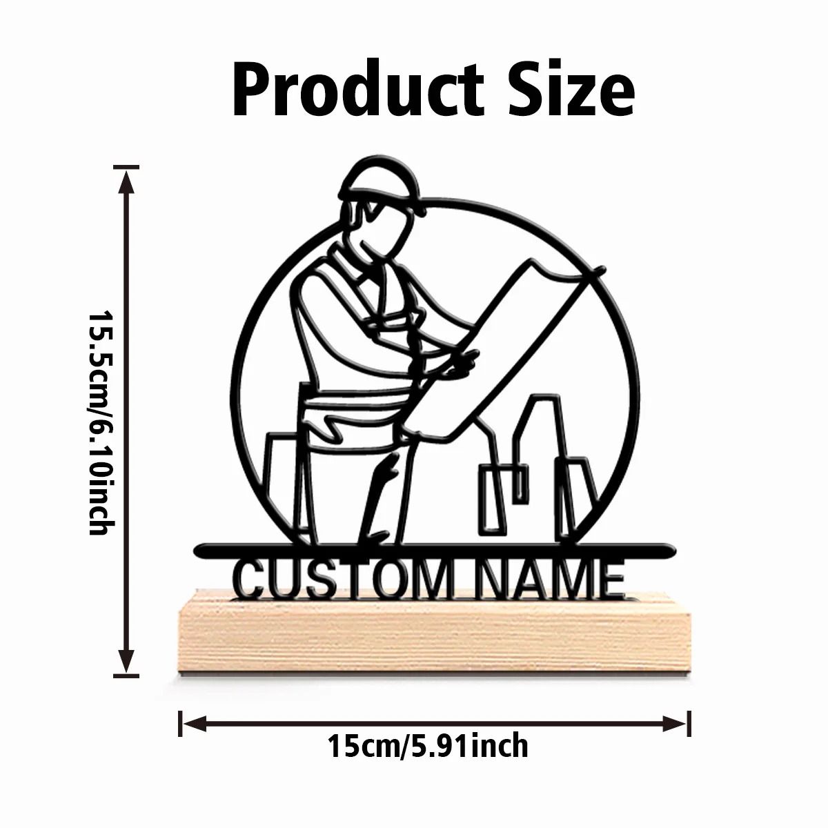 Personalized Architect Metal Statue Desk Decor with Wooden Base Office Sculpture