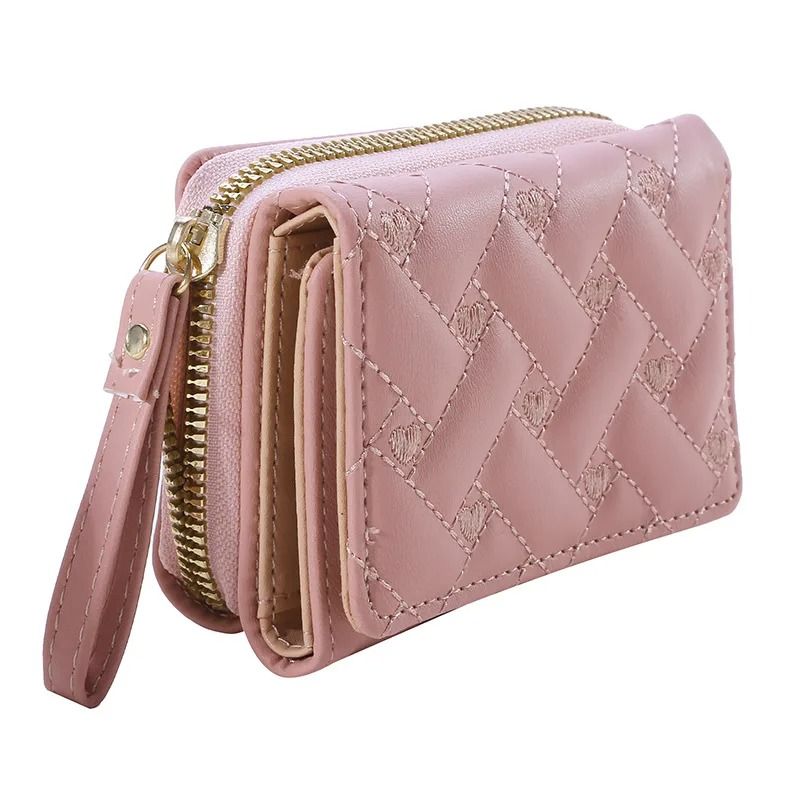 Women PU Leather Embroidered Love Trifold Small Wallet Card Holder