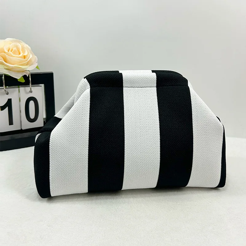 Contrast Crochet Handbag, Women Knit Stripe Purse, Summer Beach Clutch, Colorblock Dumpling Bag for Travel and Casual