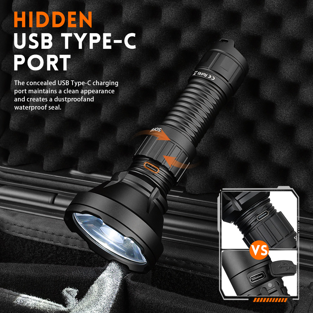 Tactical Long Range Flashlight USB C Rechargeable Torch