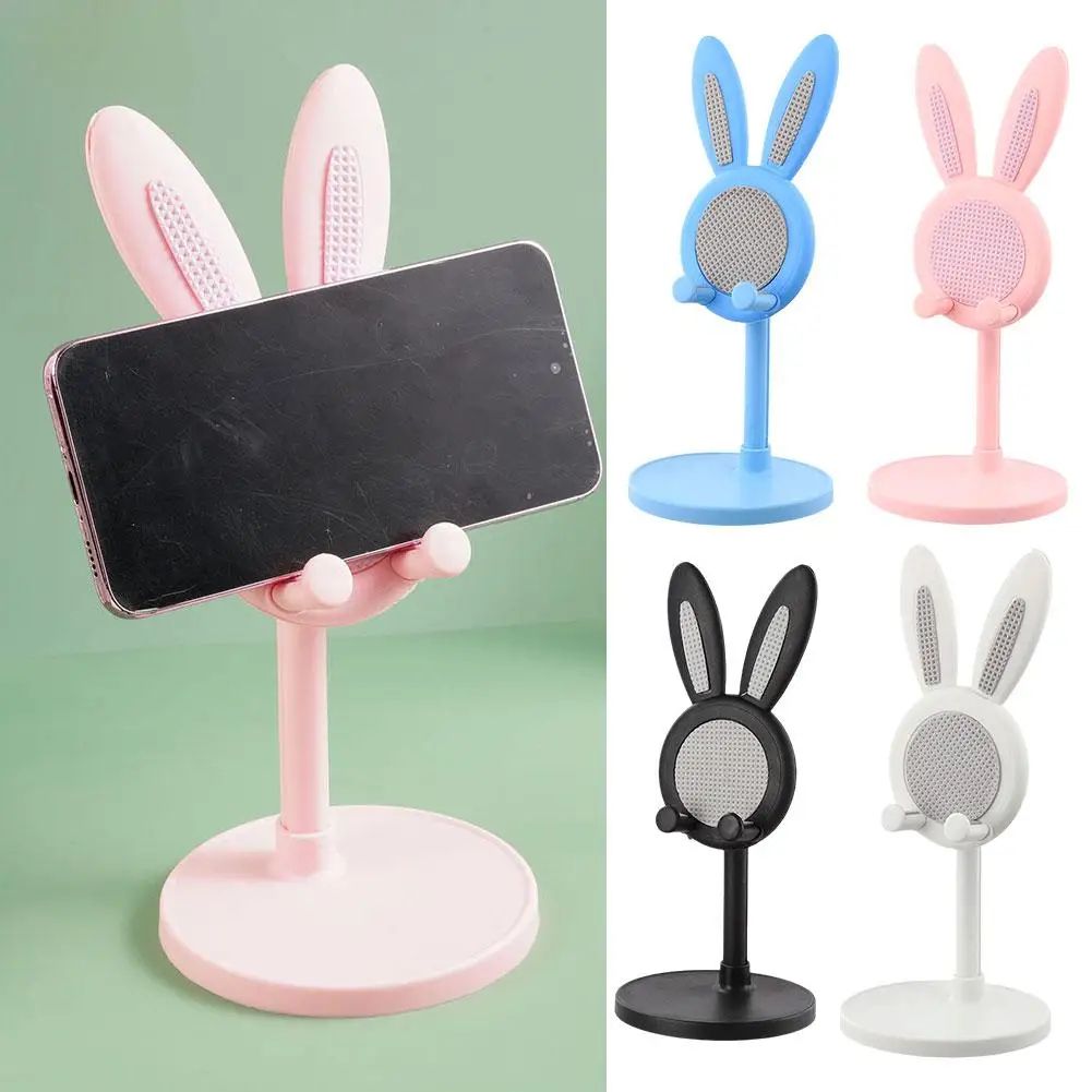 Cute Rabbit Adjustable Phone Stand for Desk - Universal Tablet Holder, Telescopic Height, Sturdy Hands-Free Viewing, Gif