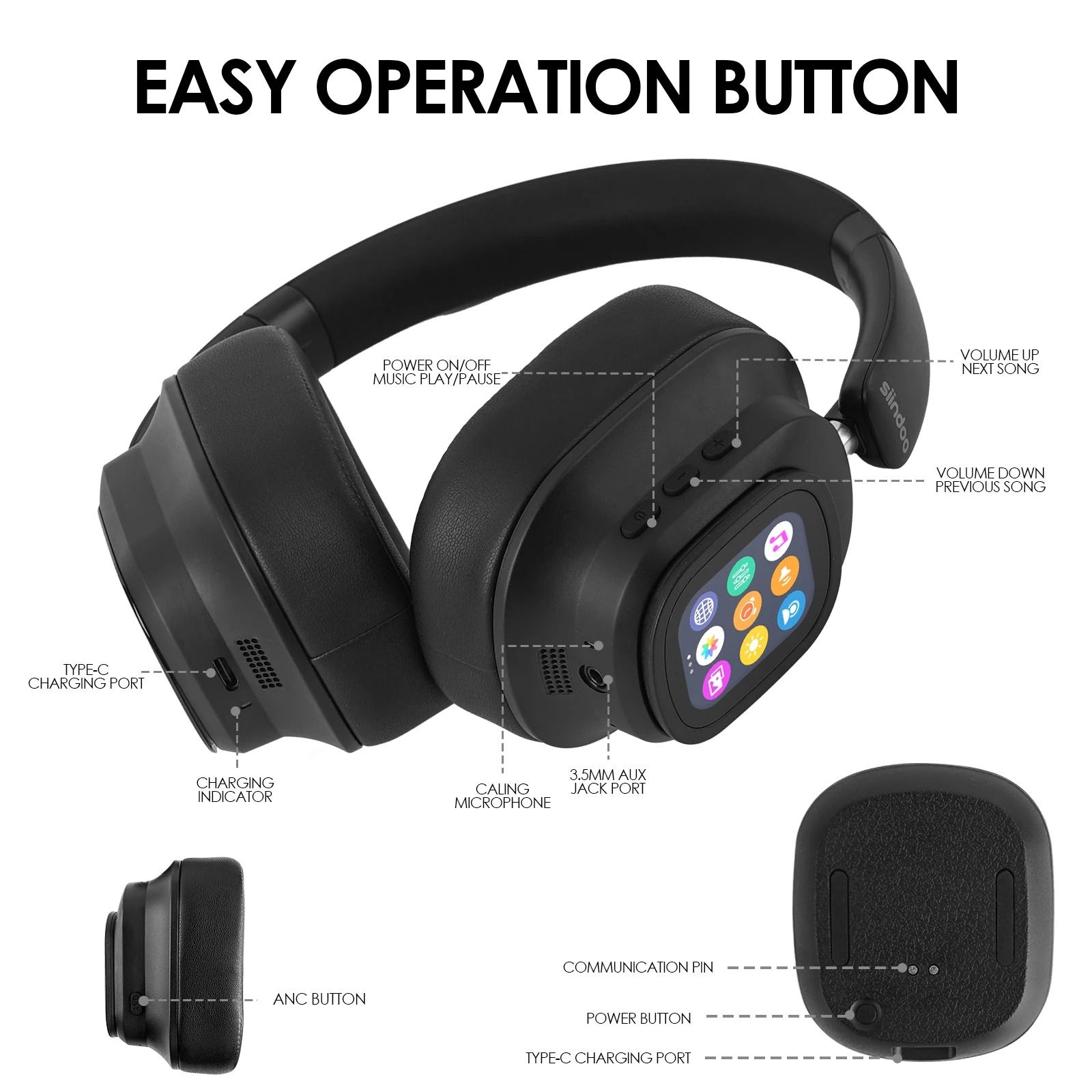 Hybrid Active Noise Cancelling Wireless Headphones – Touch Control with Integrated LED Screen