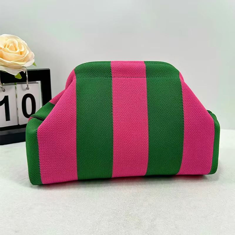 Women's Knit Stripe Crochet Dumpling Clutch Bag