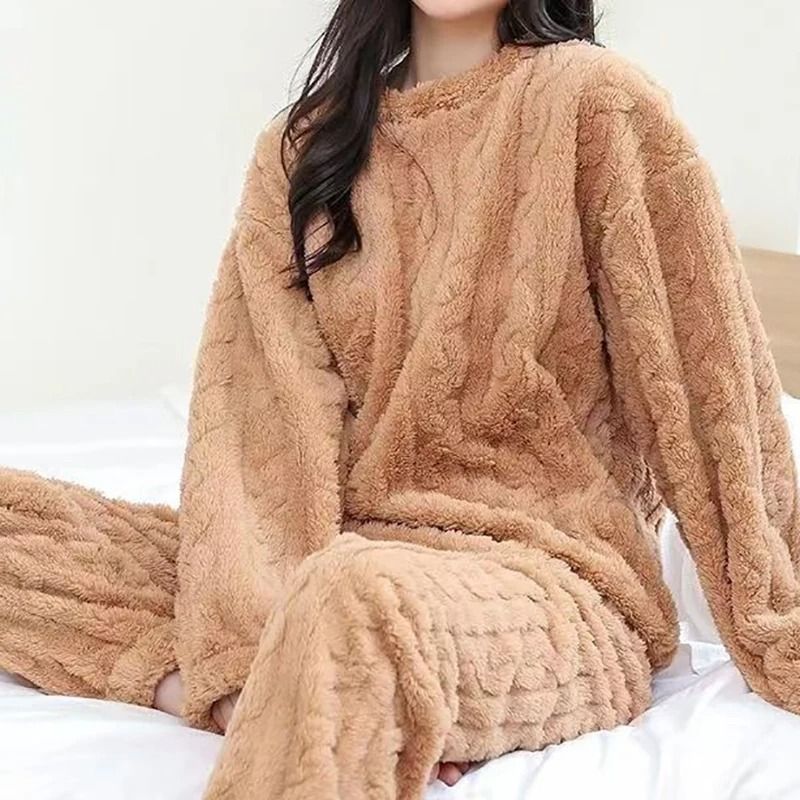 Womens Warm Velvet Ribbed Fleece Pajama Set Pullover and Pants