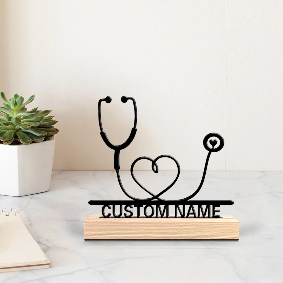 Personalized Stethoscope Metal Art Doctor Desk Decor with Wooden Base