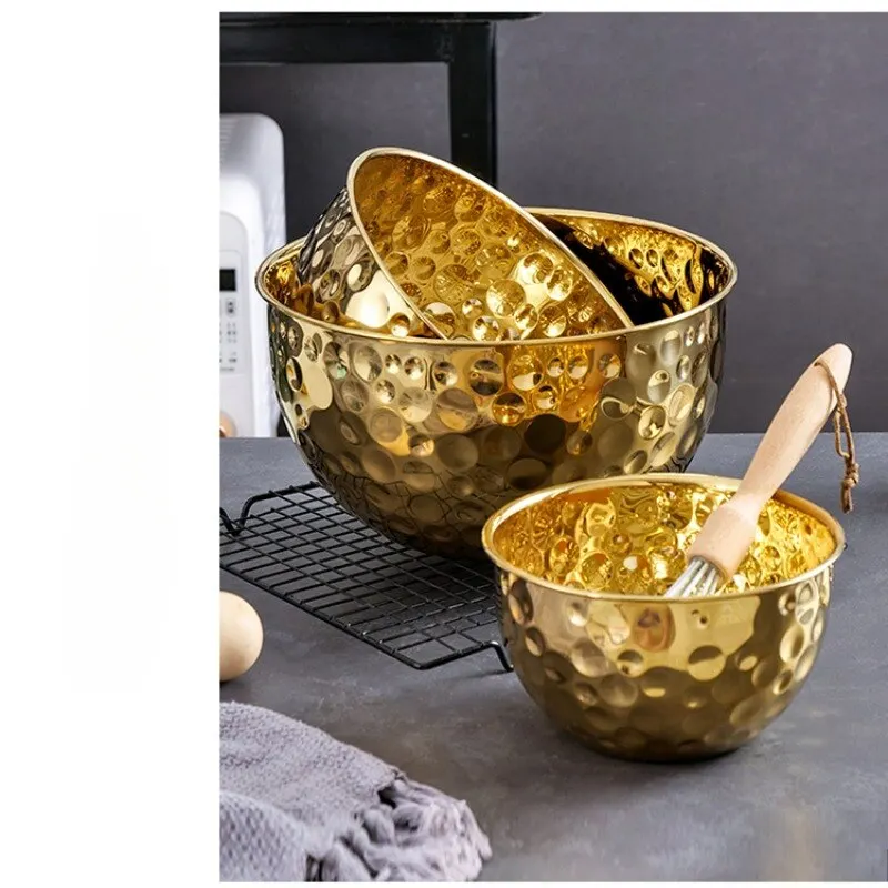 Creative Gold Stainless Steel Hammer Point Salad Plate, Mixing Cooking Bowl, Fruit Bowl, Egg Pot, Thickened Design