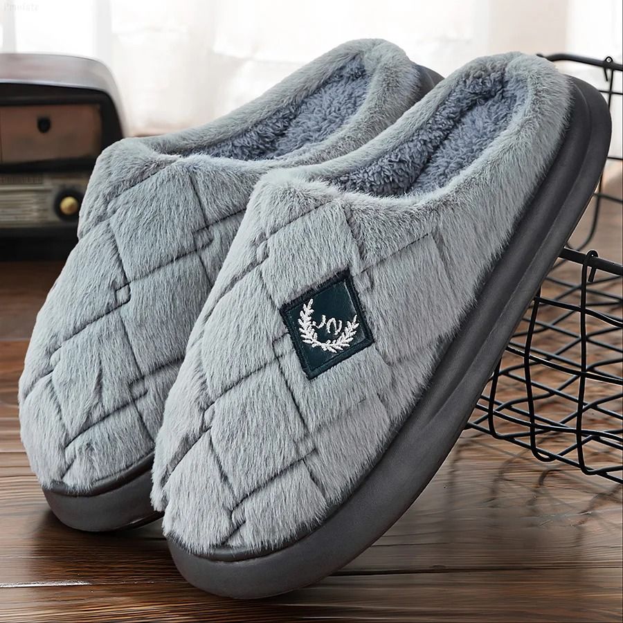 Mens Cozy Furry Plaid House Slippers Plush Warm Indoor Shoes with Memory Foam and Non Slip Sole