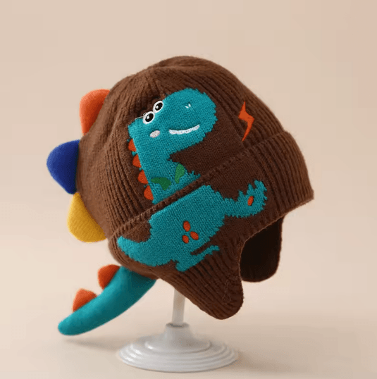 DinoWarm Kids Winter Ear Protection Hat Dinosaur Knitted Beanie