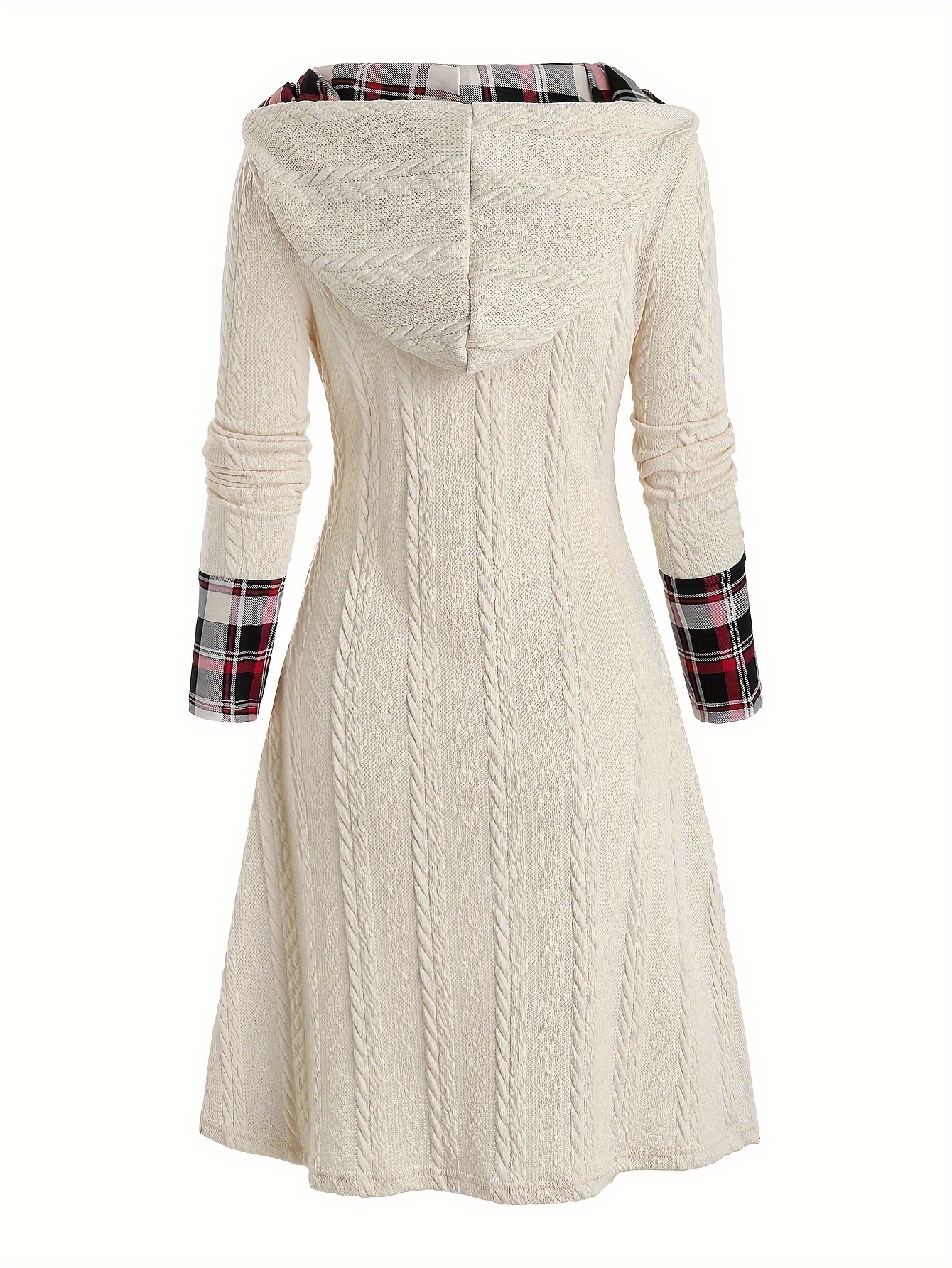 Plaid Print Knitted Hooded Dress, Fake Buckle High Waist, Long Sleeve A-line Dress