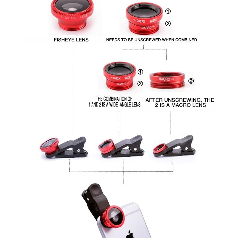 3 in 1 Phone Camera Lens Kit Fisheye Wide Angle and Macro with Clip
