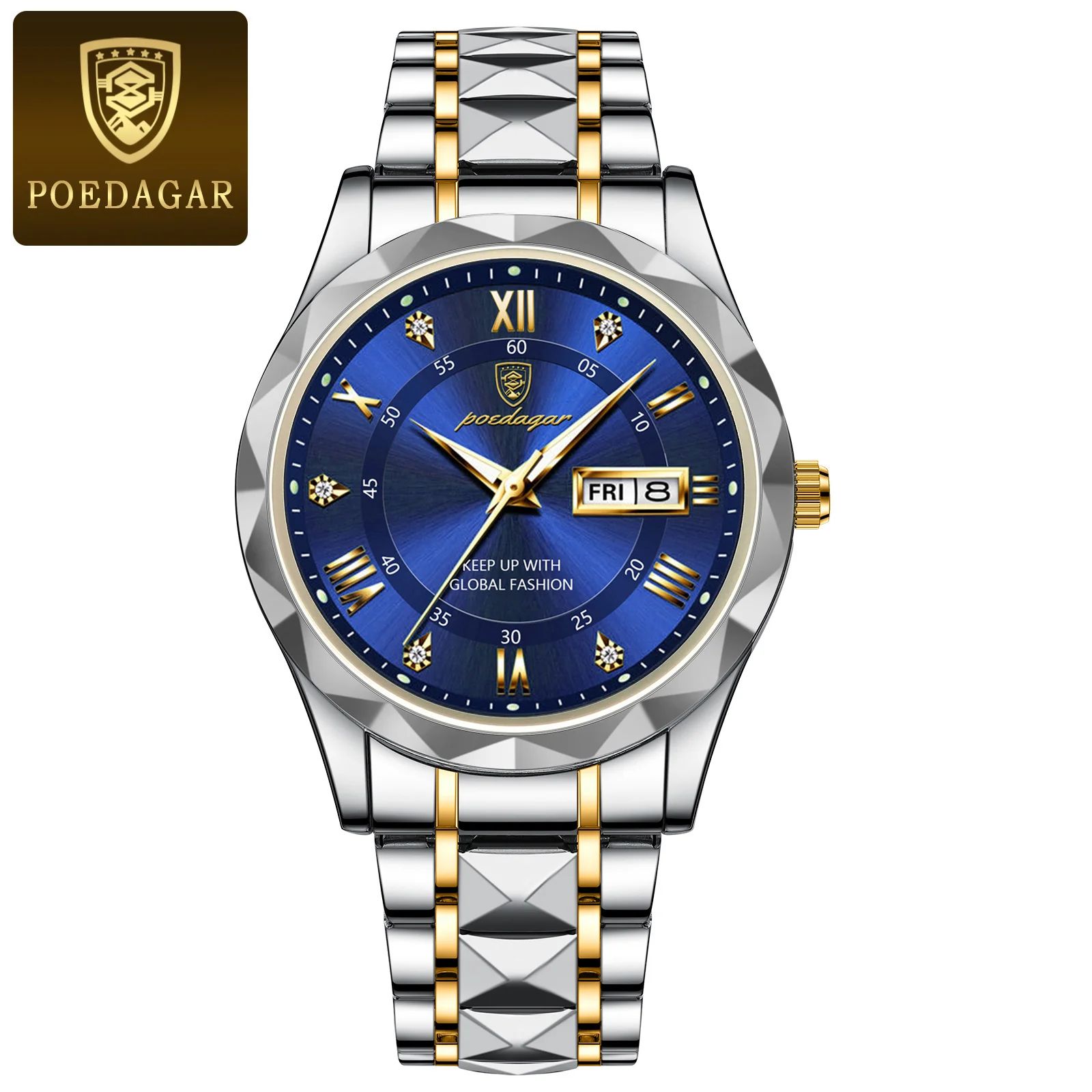 POEDAGAR 615 Luxury Waterproof Stainless Steel Men's Quartz Watch with Luminous Date & Week Display