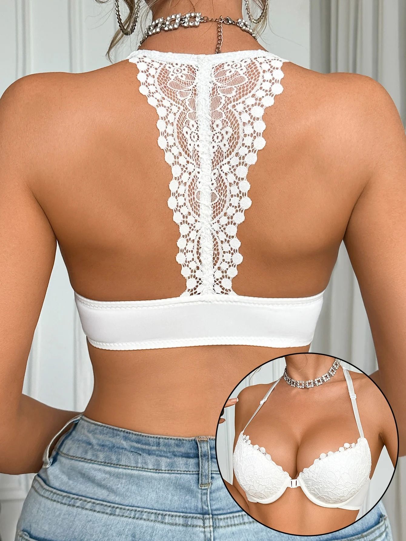 Fashionable Women Front-Clasp Push-Up Bra Sexy Lace Splicing Comfortable Lingerie