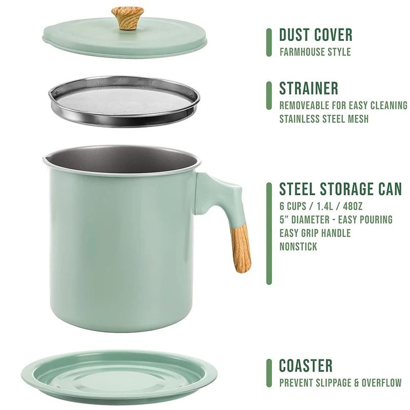 Stainless Steel 1.4L Bacon Grease Container & Fine-Mesh Oil Strainer
