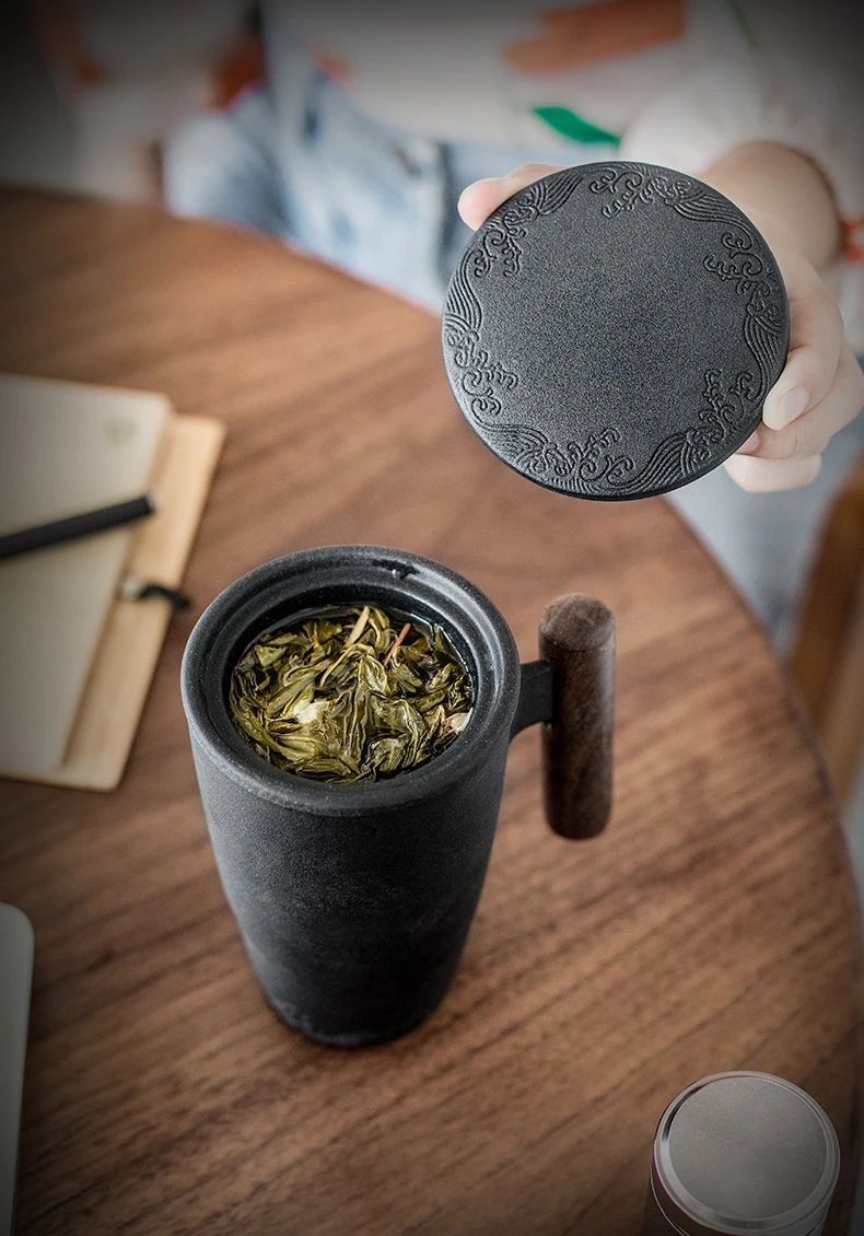 Retro Ceramic Mug with Wooden Handle and Lid