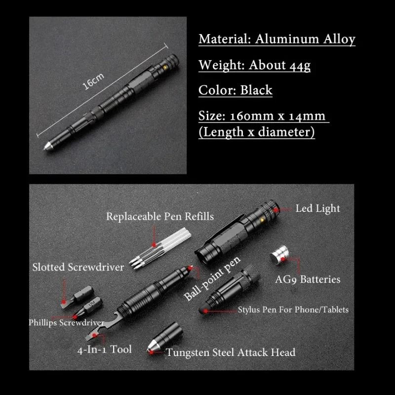10 In 1 Tactical Multi Function Survival Pen With Flashlight Screwdriver And Bottle Opener