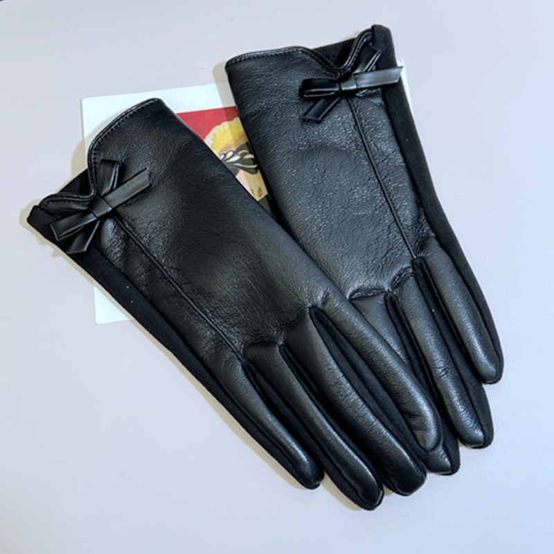Women Winter PU Leather Gloves with Touchscreen Capability – Warm & Stylish Bow-Embellished Driving Gloves for Outdoor